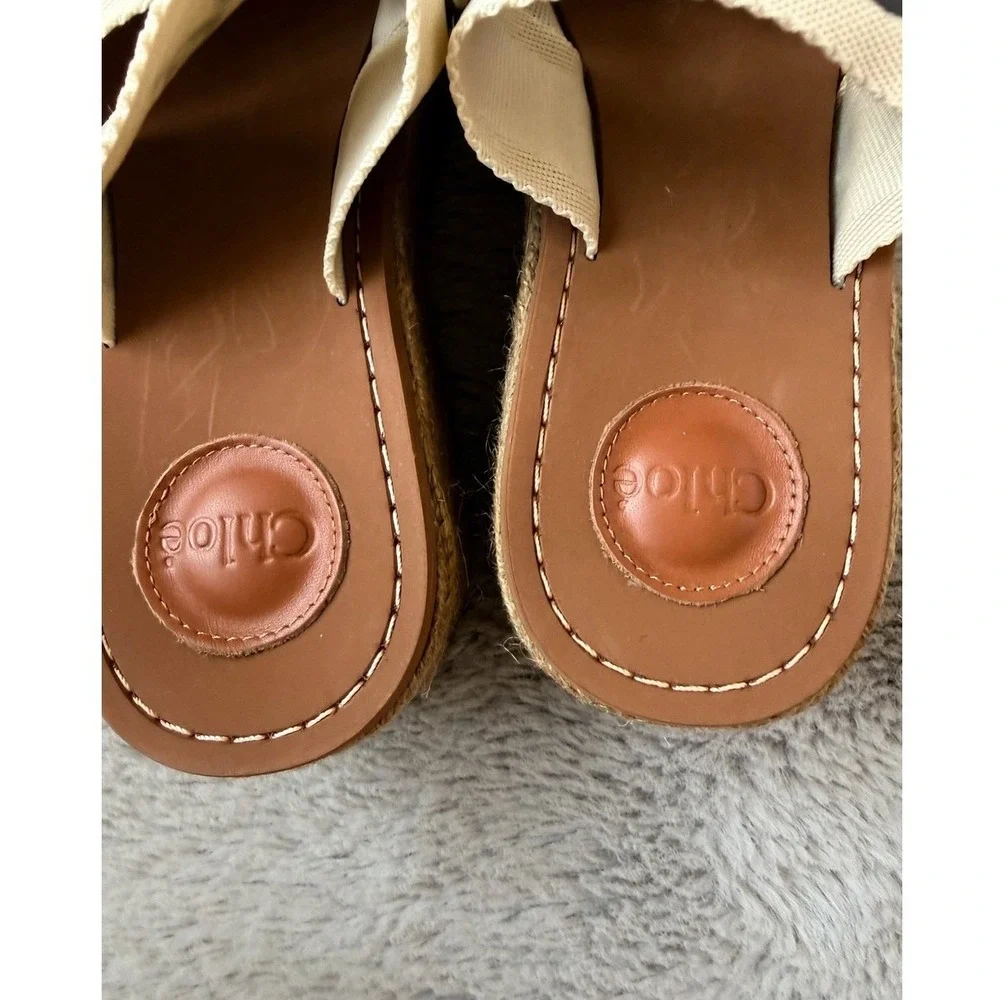 CHLOÉ Woody Logo Platform Slide Sandals Womens EU 39 Ivory‎ Canvas Espadrille